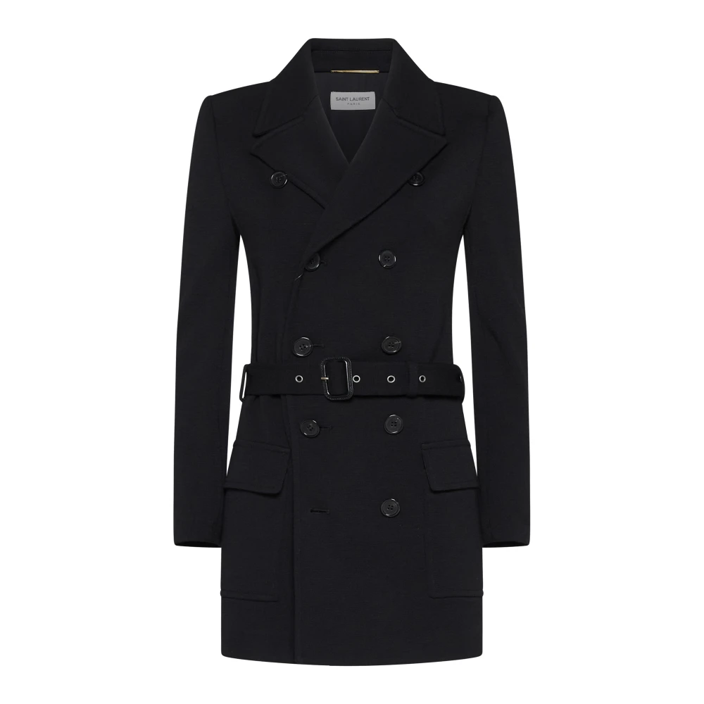 Saint Laurent Zwarte wollen blend double-breasted jas Black Dames