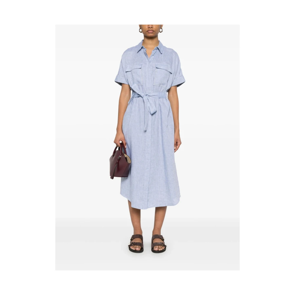 PESERICO Pastelblauwe Jurk met Knoopsluiting en Elastische Tailleband Blue Dames