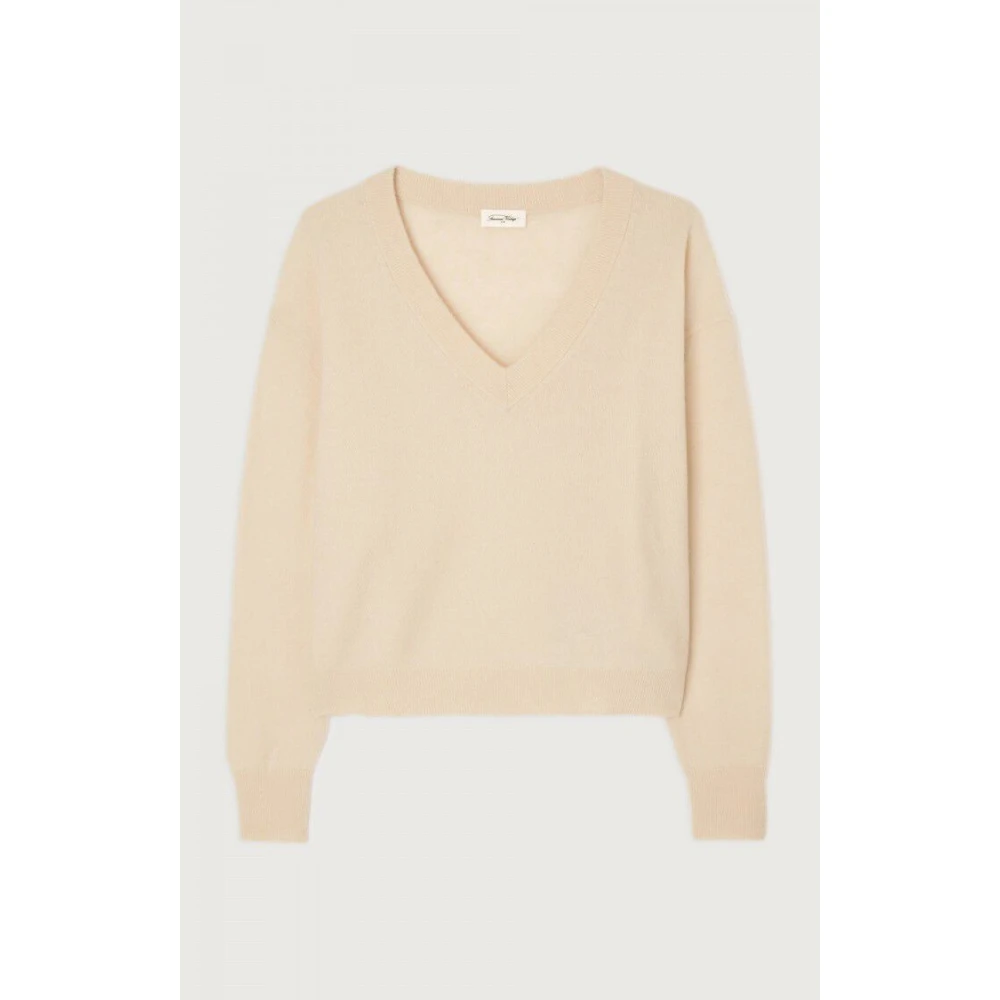 American vintage V-hals Lange Mouw Wolmix Trui Beige Dames