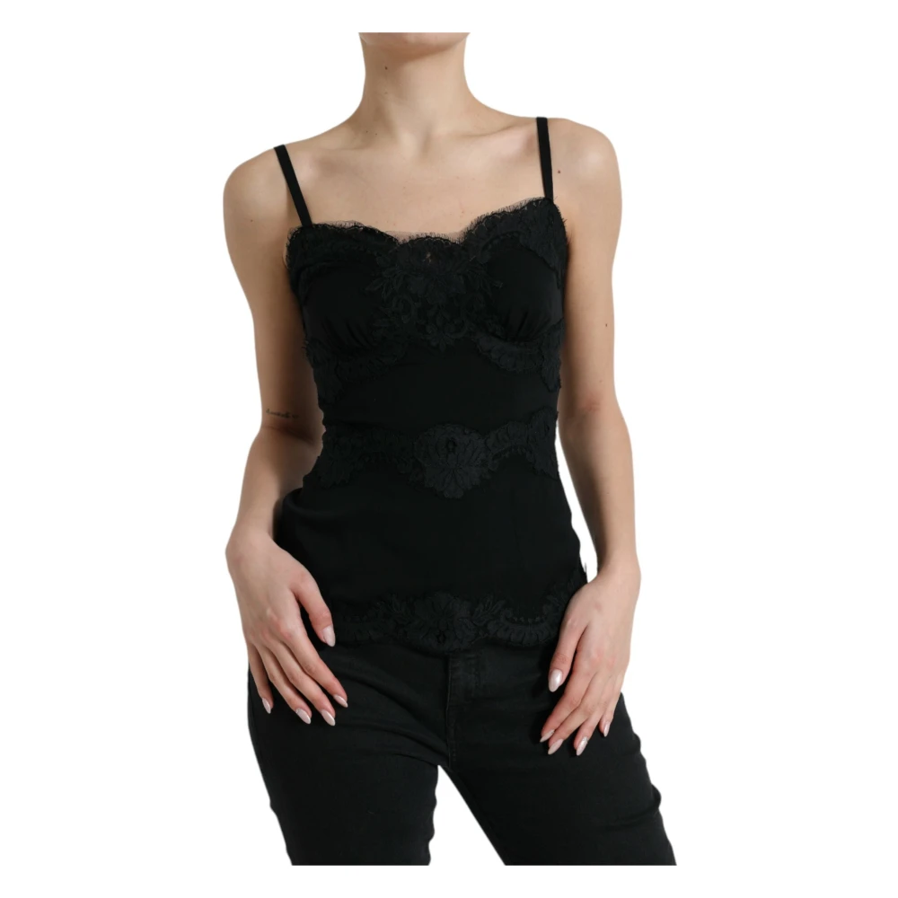 Dolce & Gabbana , Sleeveless Tops, Female, Black, S, Elegant Black Silk Lace Tank Top