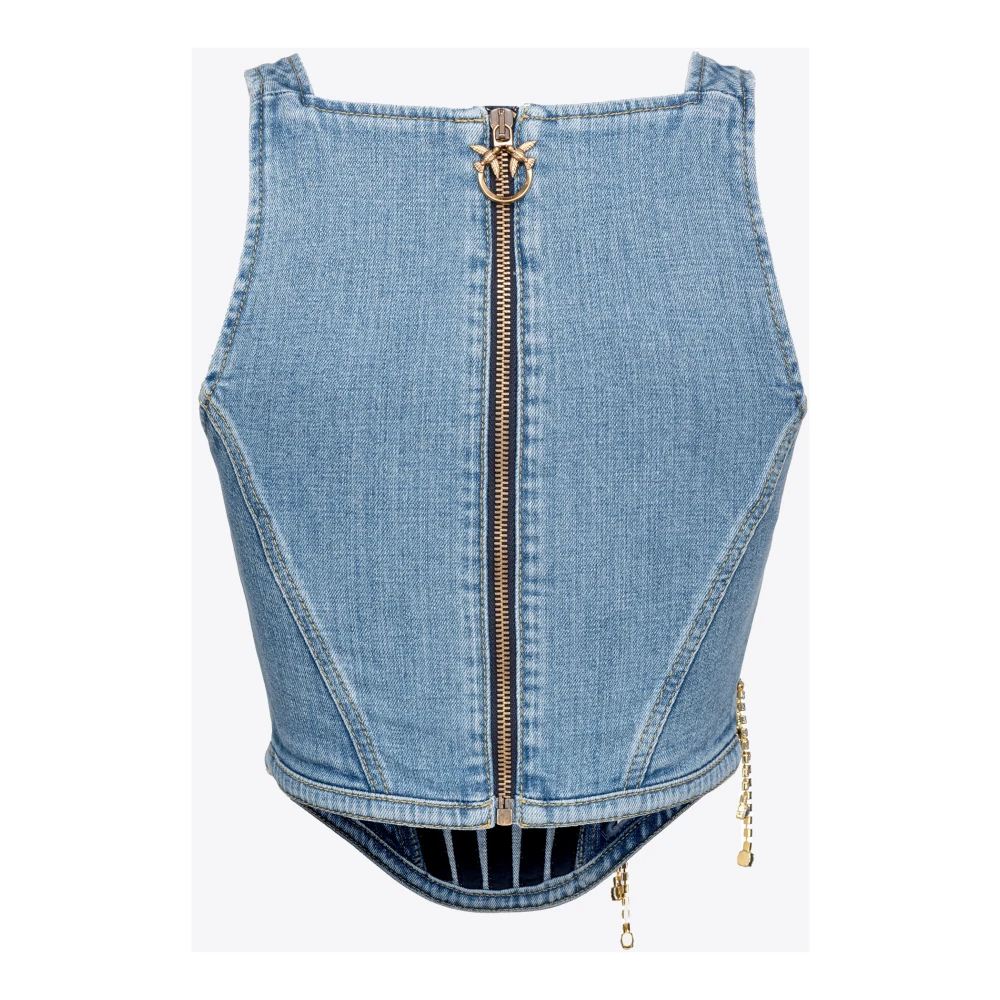 pinko Denim Bustier Top met Rhinestone Logo Blue Dames