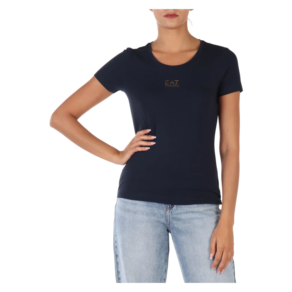 Emporio Armani EA7 Katoenen en Modale Logo Print T-shirt Blue Dames