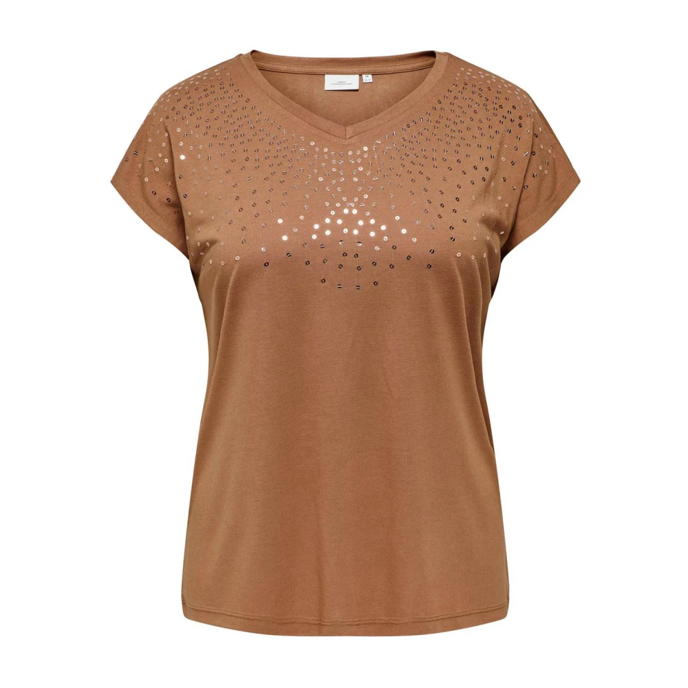 Only Carmakoma Paillet V-hals T-shirt in Arganolie Brown Dames