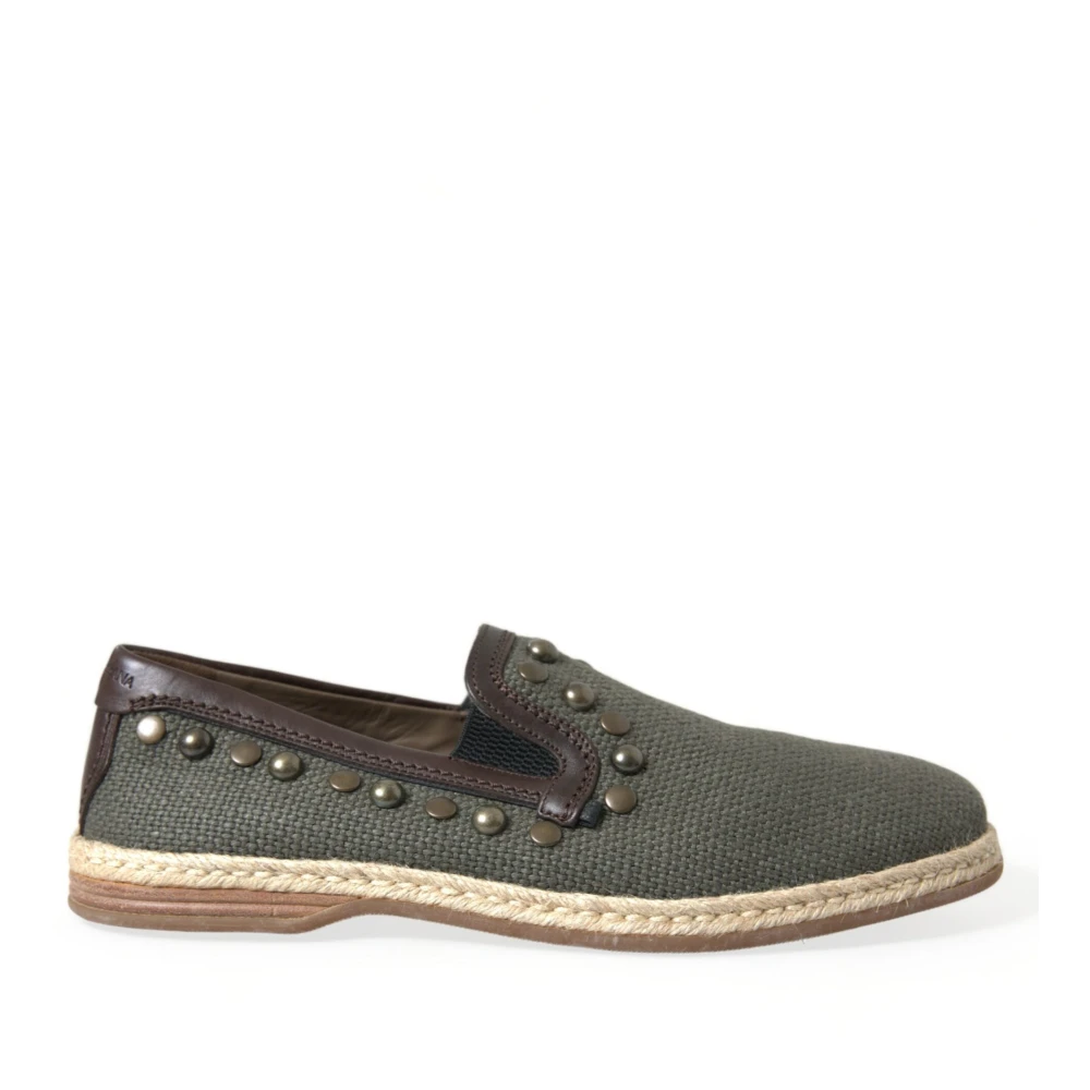 Dolce & Gabbana Women's Green Studded Canvas Loafer Slipper Shoes - Loafers - 7 Uk - Shoes