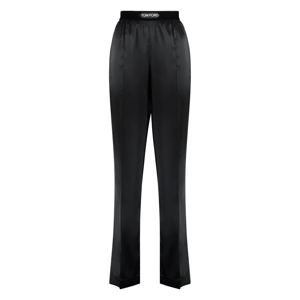 Tom Ford Women's Black Wide Trousers, L, Silk Velvet Insert Elastic Waist Trousers