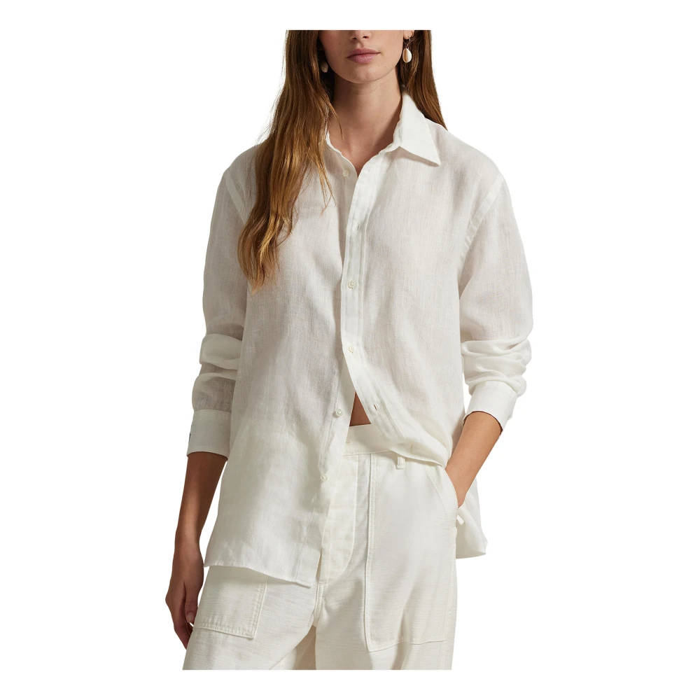 Polo Ralph Lauren Witte Linnen Oversized Shirt met Pony Borduursel White Dames