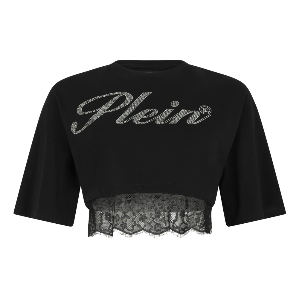 Philipp Plein Women's Black Cropped T-Shirt Lace - T-Shirts - L - Tops