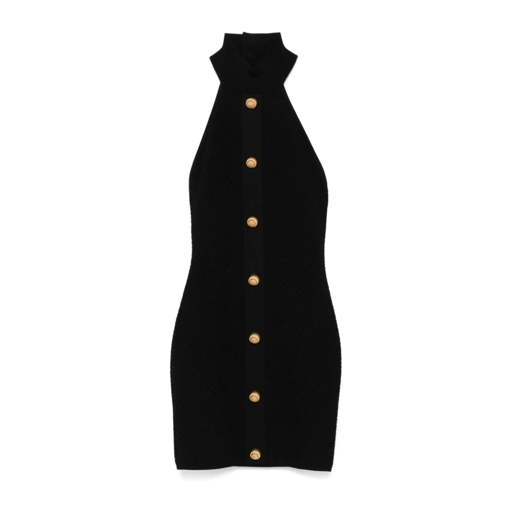 Balmain Svart Stickad Halterneck Klänning med Guldtonade Knappar Black, Dam