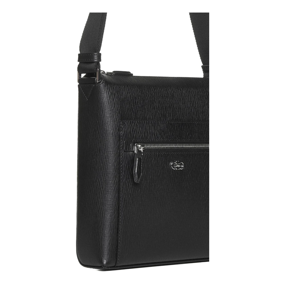 Salvatore Ferragamo Zwarte leren messenger tas met logoplaat Black Heren
