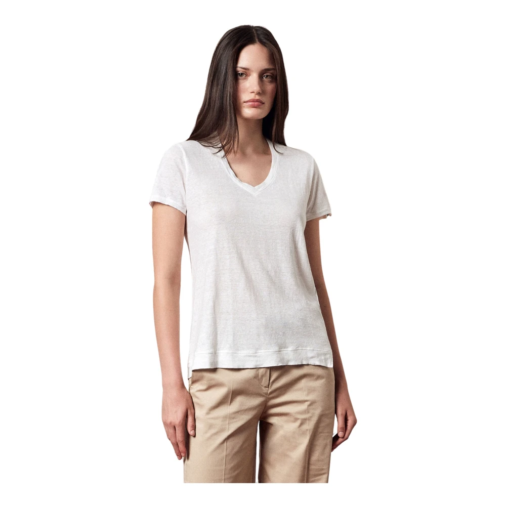 Massimo Alba Diepe V-hals Linnen T-shirt White Dames