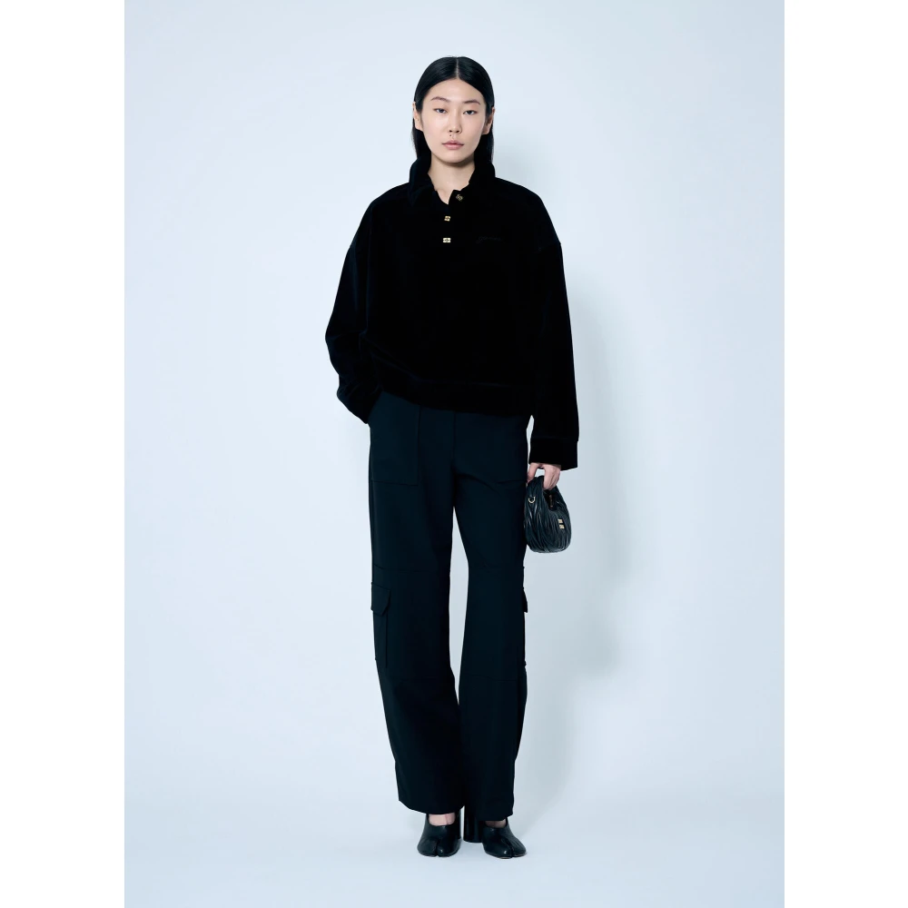Ganni Velours Drop-Shoulder Poloshirt Black Dames