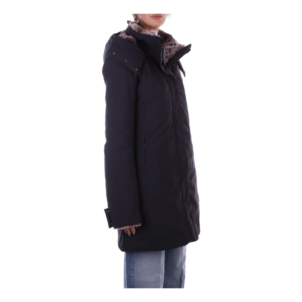 Save The Duck Zwarte jas met capuchon rits knoop zakken Black Dames