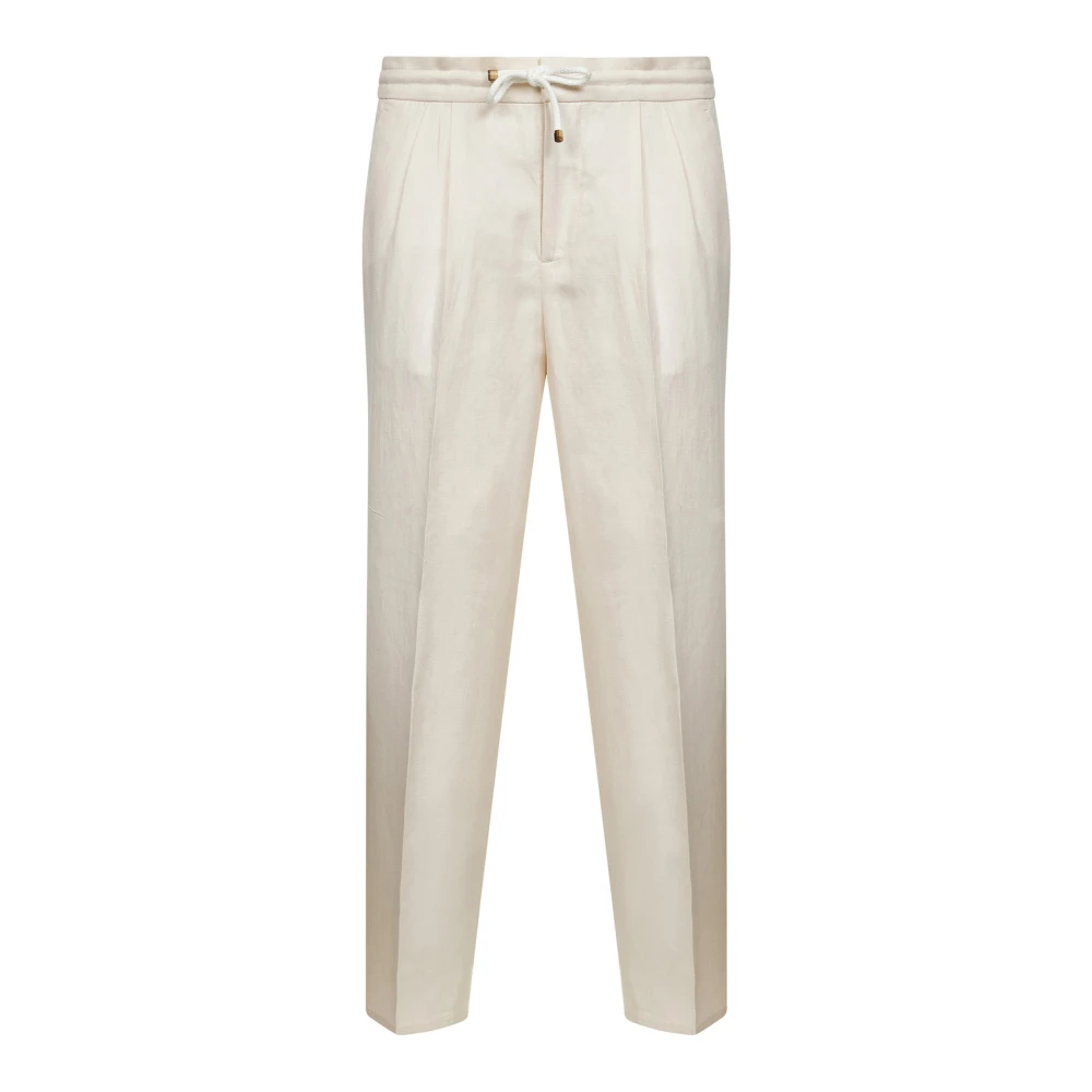 Brunello Cucinelli Men's Beige Linen Blend Drawstring Trousers