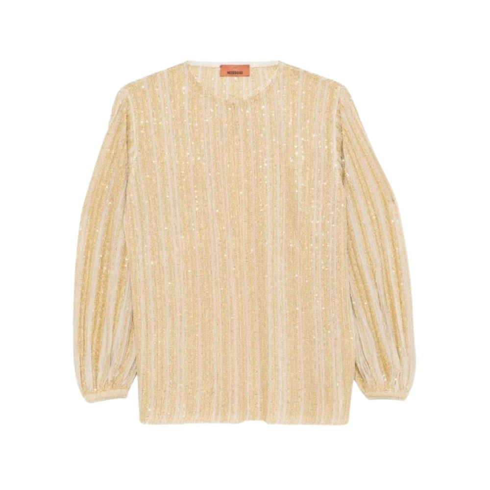 Missoni Women's Yellow Round-Neck Knitwear, Xs, Gold Tones Ribbed Viscose Blouse With Sequins