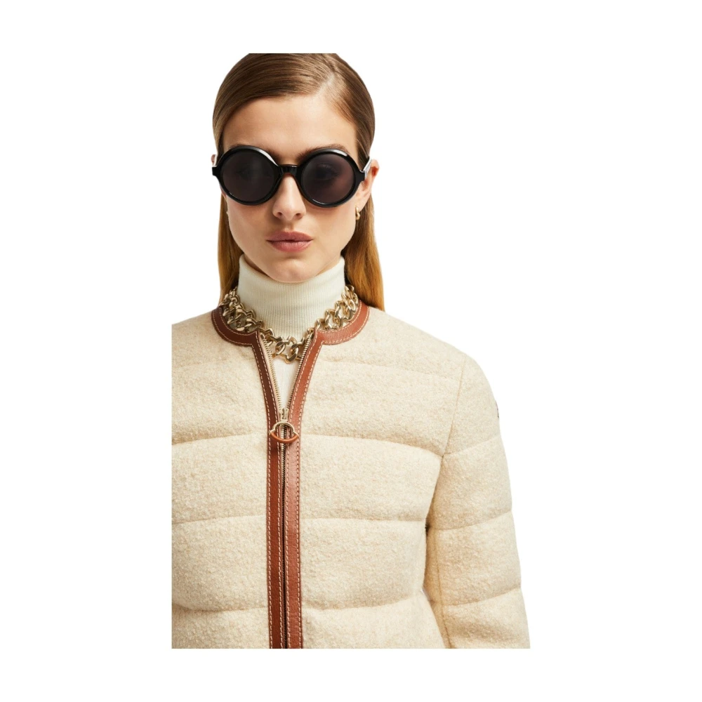 Moncler Beige Kort Donsjack met Leren Afwerking Brown Dames
