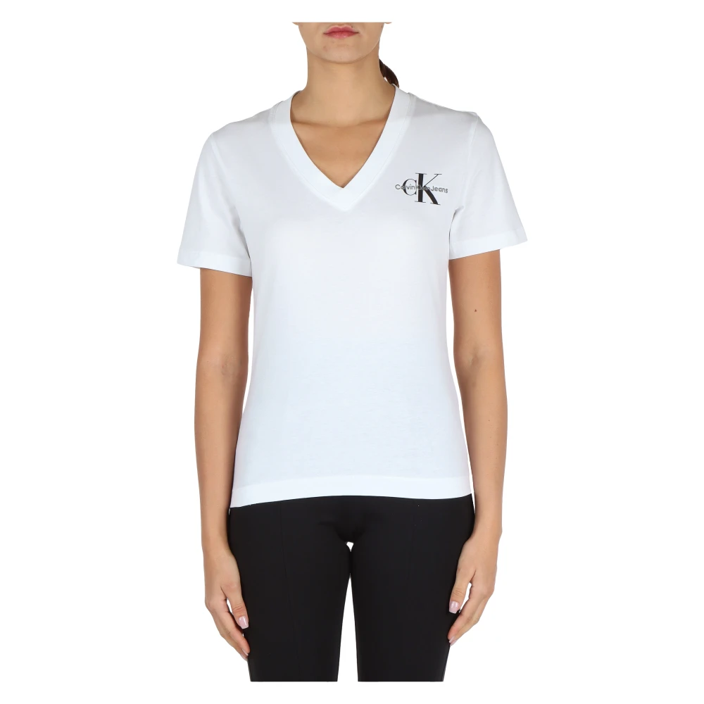 Calvin Klein Jeans Geborduurd V-hals T-shirt met Voorlogo White Dames