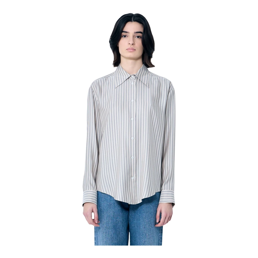 The Row Gestreepte zijden overhemd met klassieke kraag Beige Dames