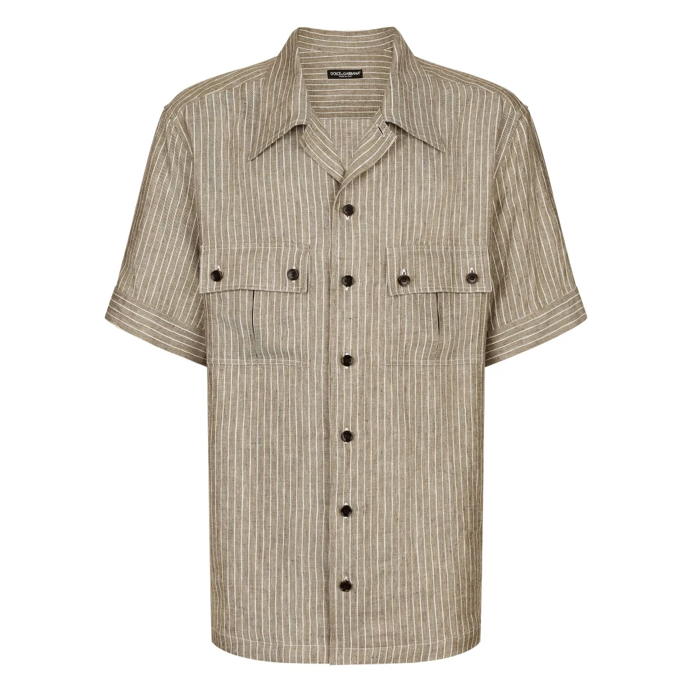 Dolce & Gabbana Gestreept Linnen Hawaii Fit Overhemd Beige Heren