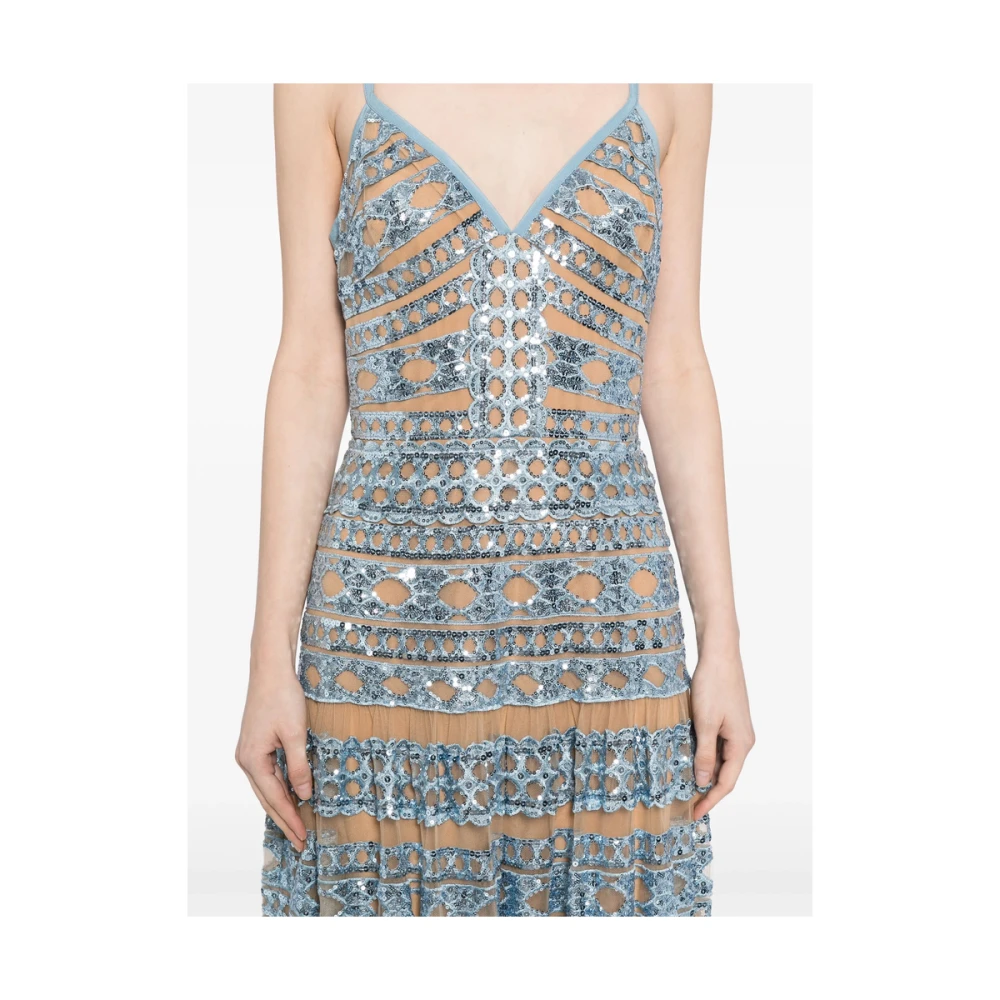 Elie Saab Blauwe Kralen V-Hals Jurk Blue Dames