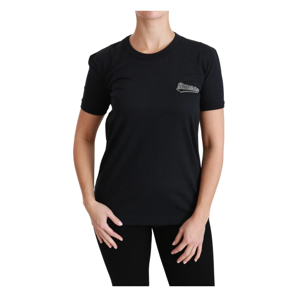 Dolce & Gabbana Women's Black T-Shirts, 2XS, Blue Amore Patch Crewneck Top