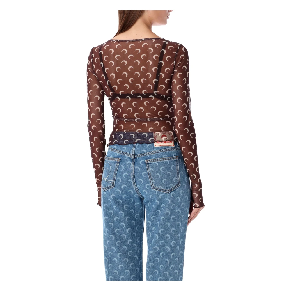 Marine Serre Maan Mesh Crew Neck Top Bruin Brown Dames