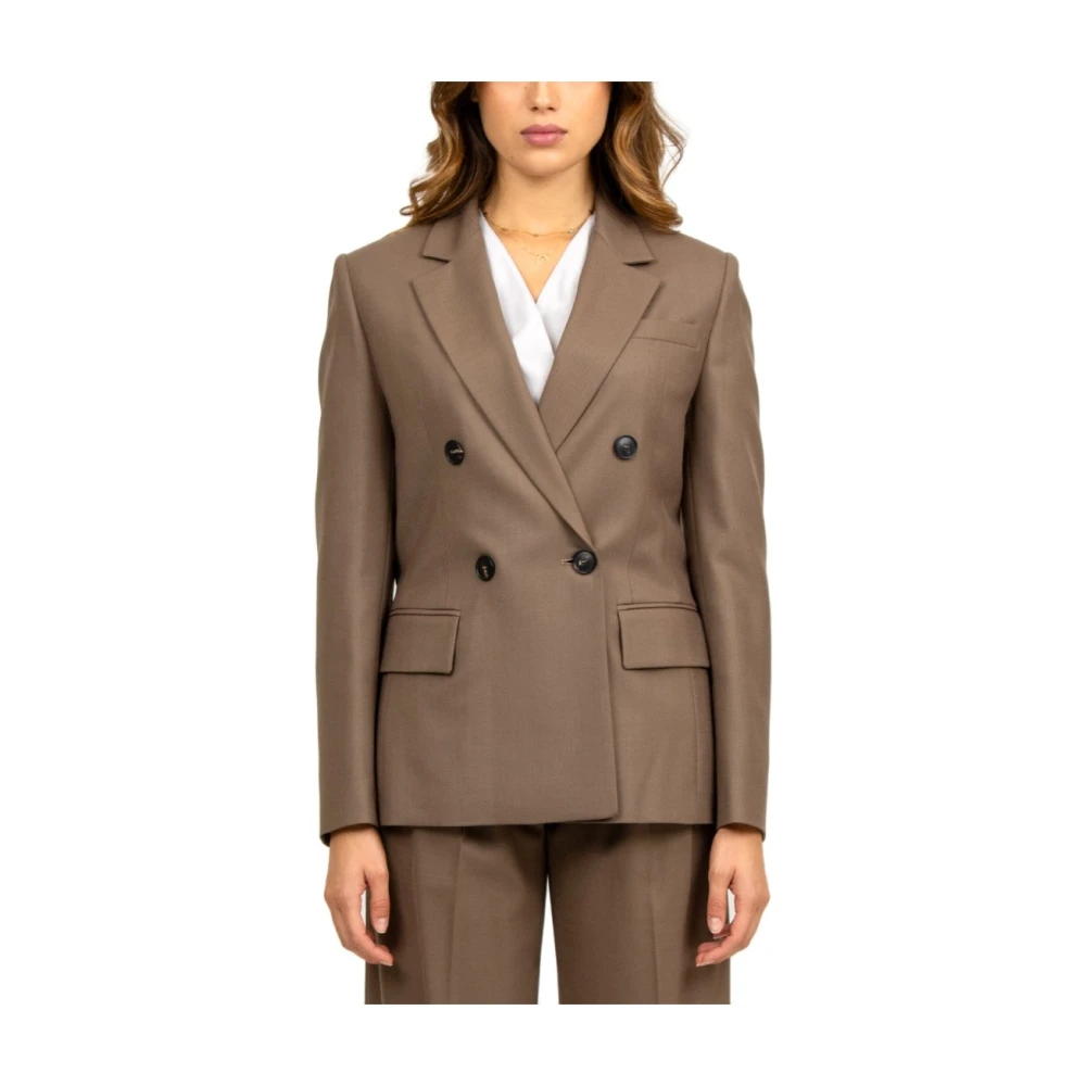 Tela Zwarte Wol Double-Breasted Jas Brown Dames