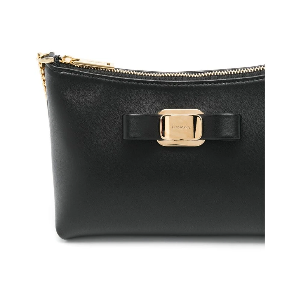 Salvatore Ferragamo Zwarte Leren Schoudertas met Ketting en Strikdetail Black Dames