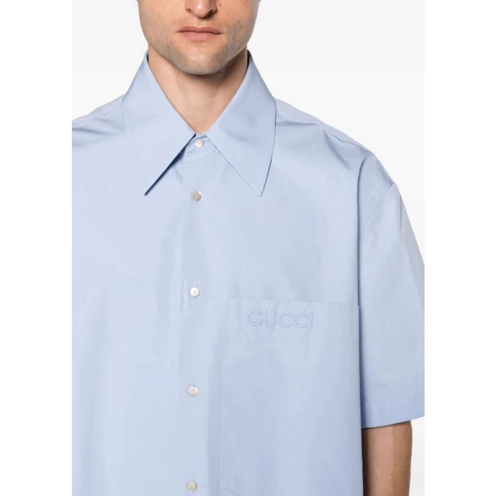 Gucci Blauw Logo-Geborduurd Katoenen Overhemd Blue Heren