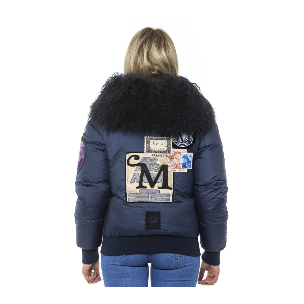 Mr&Mrs Italy Geborduurde Bomberjack met Bont Capuchon Blue Dames