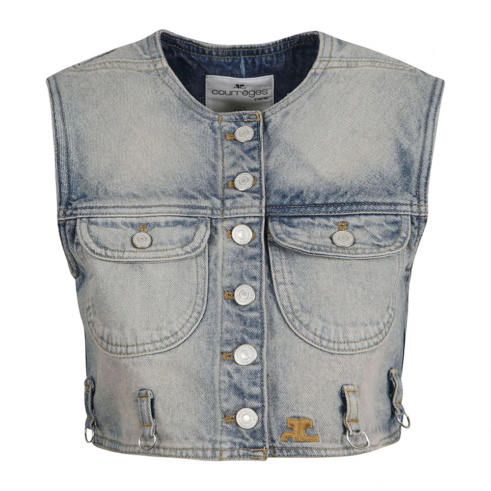 Courrèges Denim Crop Vest met Logo Borduurwerk Blue Dames