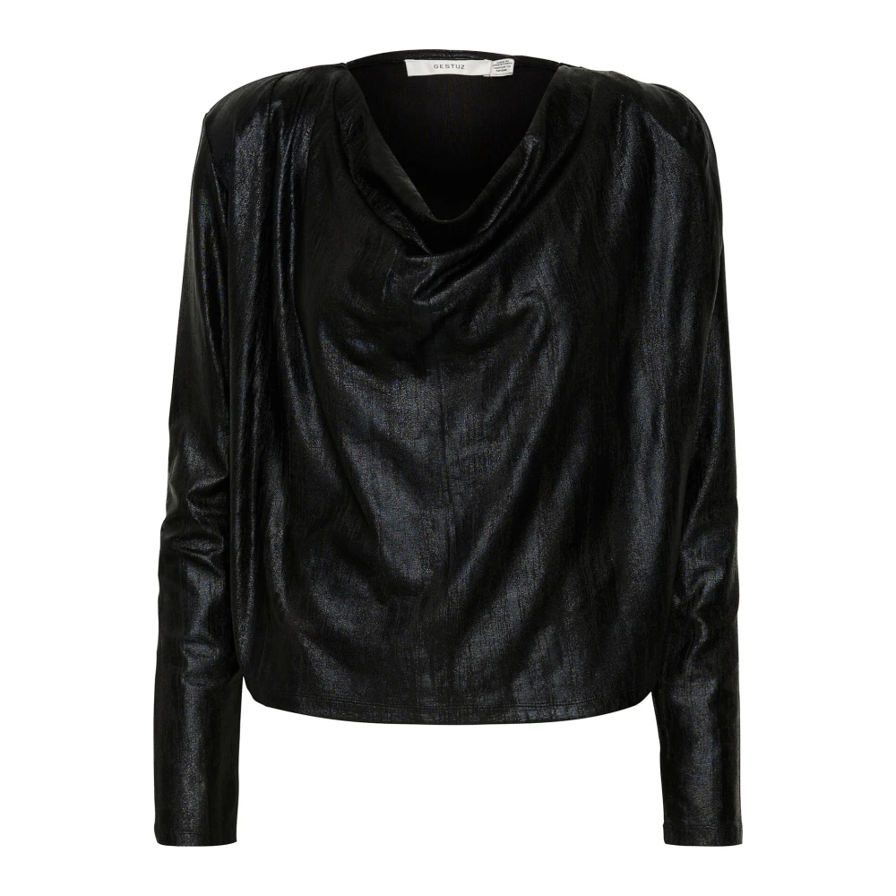 Gestuz Zwarte Gedrapeerde Blouse met Lange Mouwen Black Dames