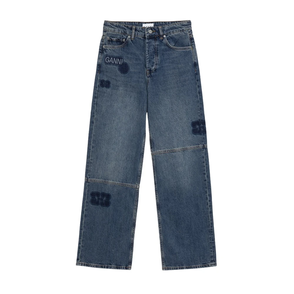 Ganni Jeans van medium-wash denim met logo-patch Blue Dames
