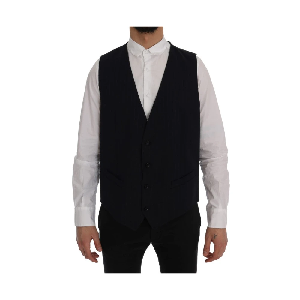 Dolce & Gabbana Men's Blue Waistcoats, 2XL, Elegant Striped Wool Blend Vest