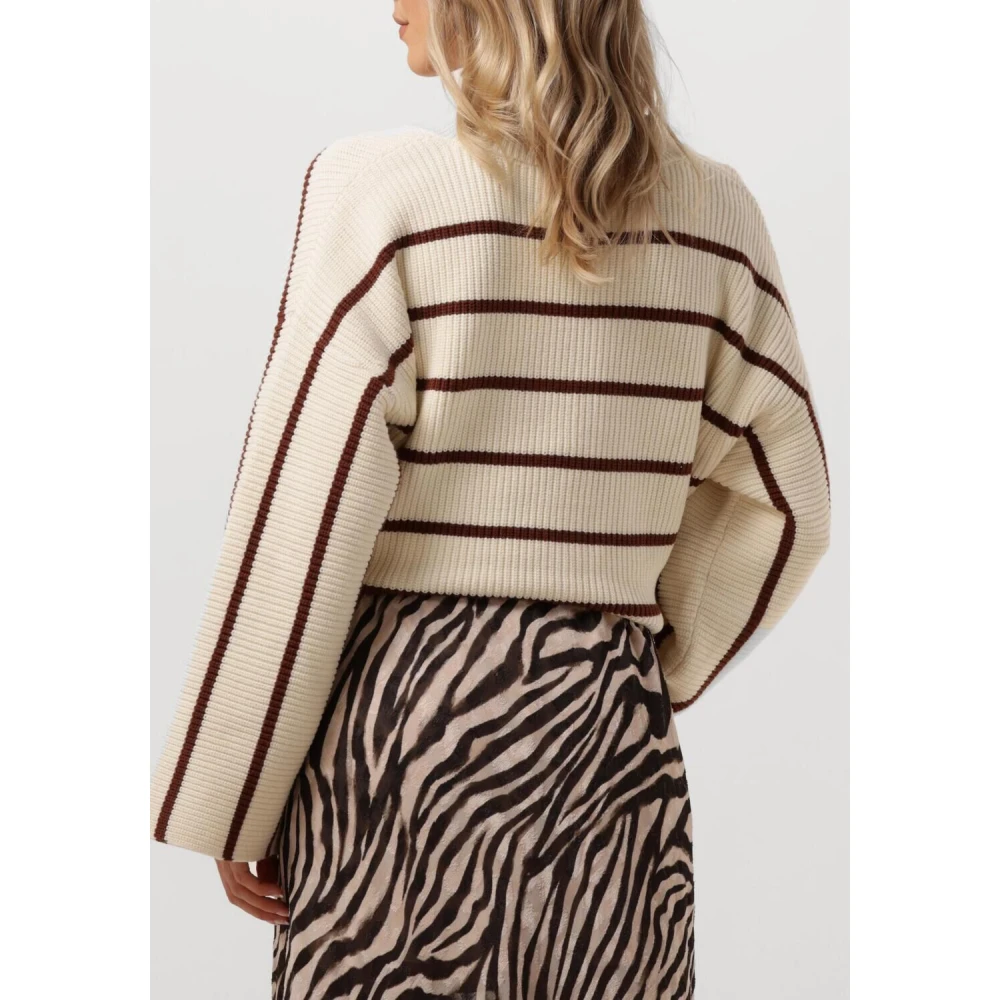 Gestuz V-hals Pullover met Bruine Strepen Beige Dames