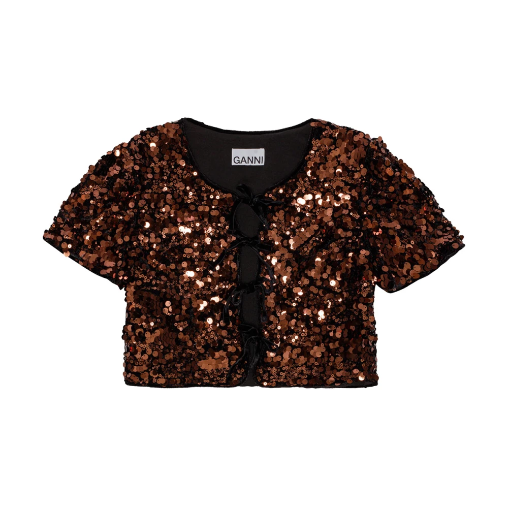 Ganni Bruin Fluweel Lint Korte Mouw Shirt Brown Dames
