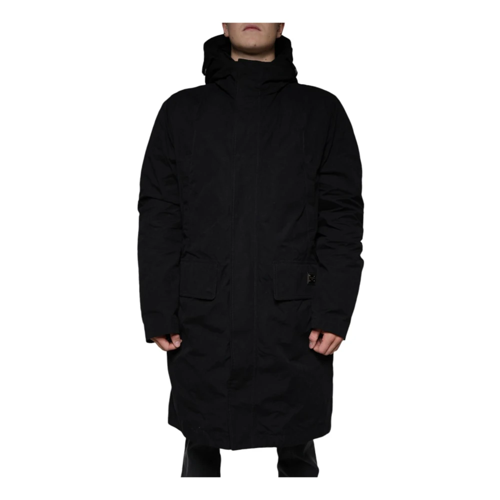 Dolce & Gabbana Svart Bomull Trenchcoat med Logo Black, Herr