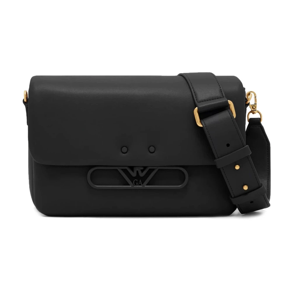 Emporio Armani Vrouw Zwart Tassen Dames, One Size, Katoen, Lederen Schoudertas Met Metalen Adelaar Logo