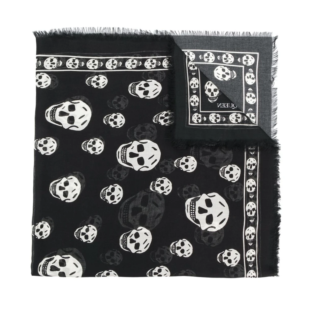 Alexander mcqueen Zwart Sjaal met Skull Motief en Rafelede Randen Black Dames