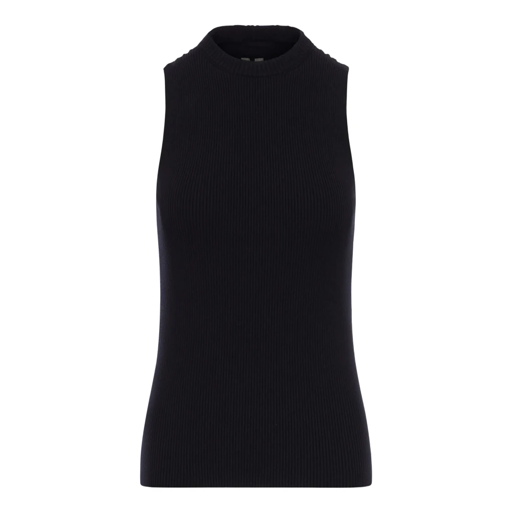 Rick Owens Women's Black Sleeveless Tops, M, Ribbed Crew Neck Sleeveless Top