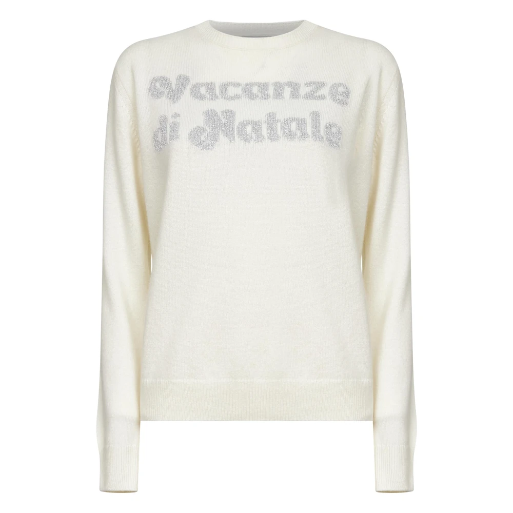 Mc2 Saint Barth Women's Beige Round-Neck Knitwear, L, Holiday Jumper With Lurex Lettering