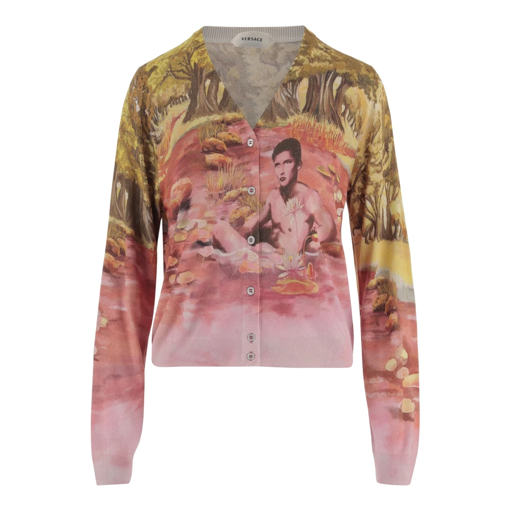 Versace Multicolor Cardigans, Female, M, Printed Silk Knit Cardigan