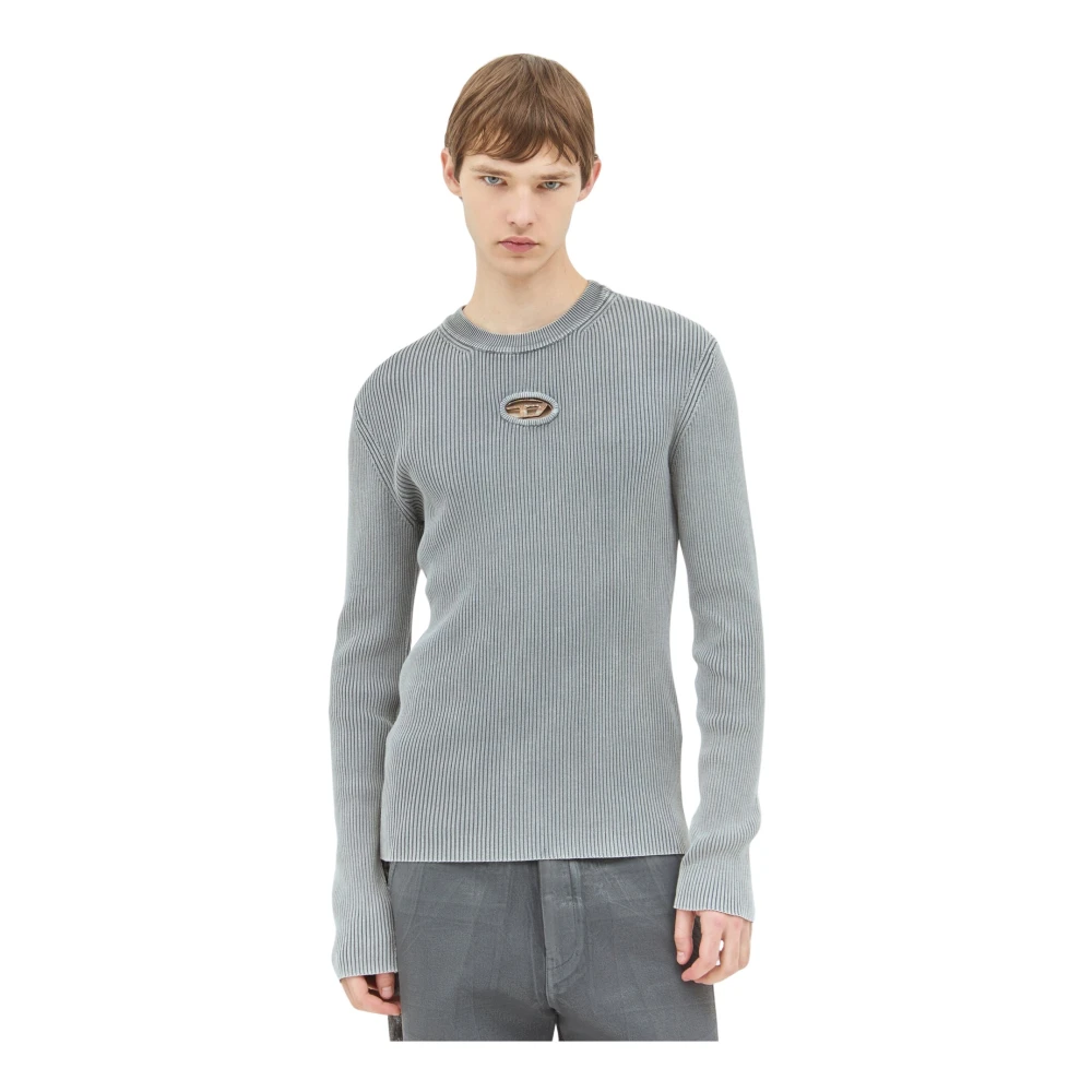 Diesel Grå Ribbstickad Crewneck-Topp I Bomullsjersey