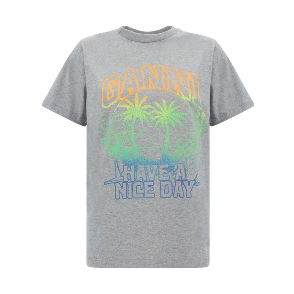 Ganni Monochrome Katoenen T-shirt met Maxi Print Gray Dames