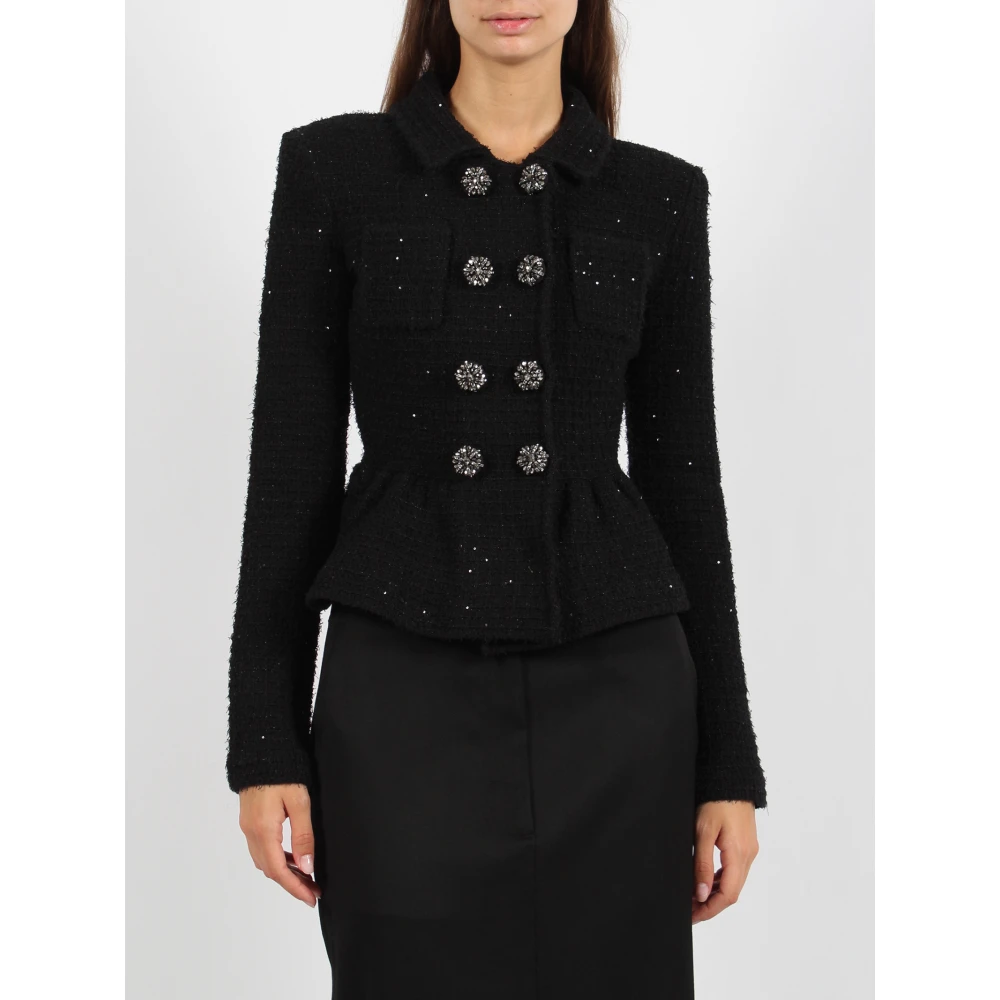 Self Portrait Paillet Peplum Jas met Tweed Constructie Black Dames