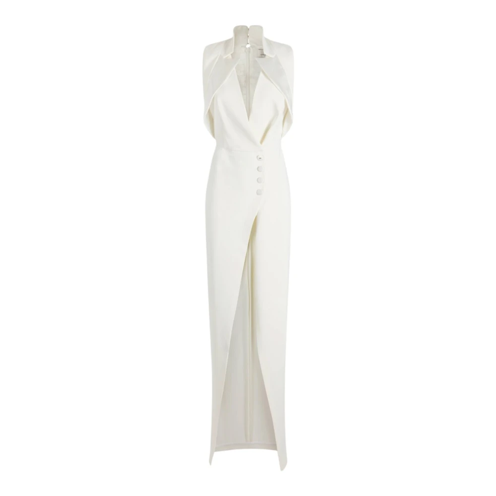 Elisabetta Franchi White Crepe Evening Dress With Satin Lapels And Side Slit - Female - Gowns - S - Dresses
