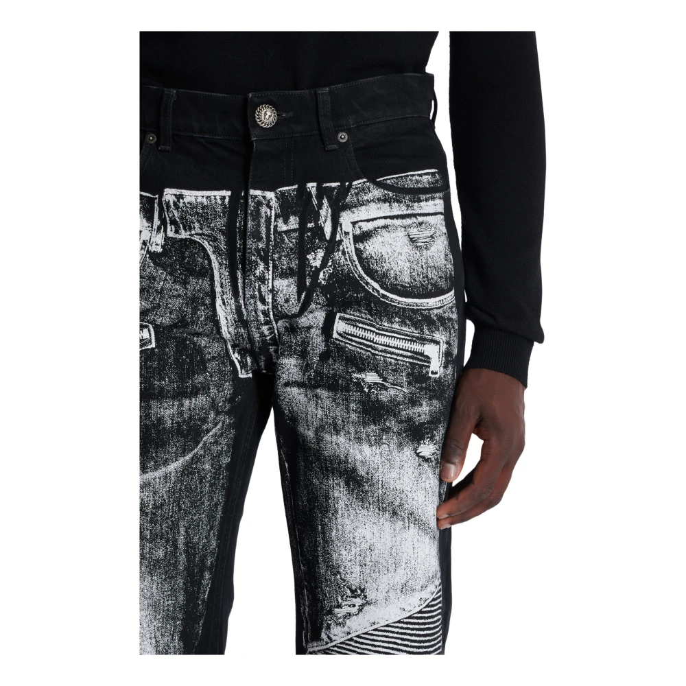 Balmain Wijde denim jeans met een biker-print Black Heren