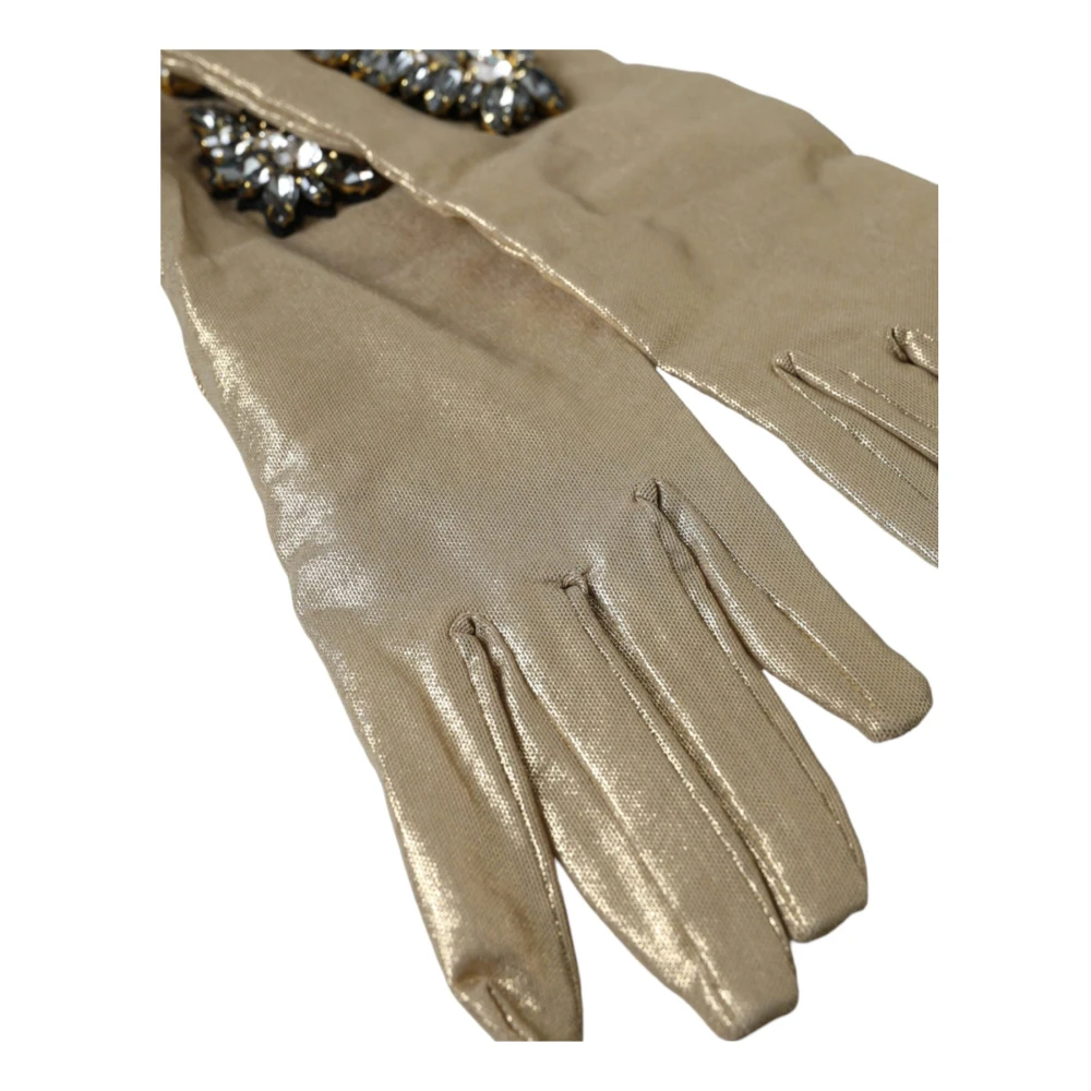 Dolce & Gabbana Kristalversierde Satijnen Handschoenen Beige Dames