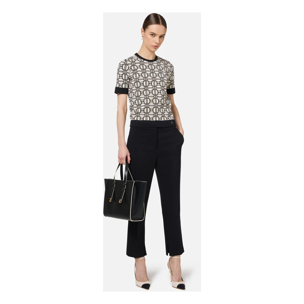 Elisabetta Franchi Zwarte Rechte Crepe Broek met Gouden Logo Black Dames