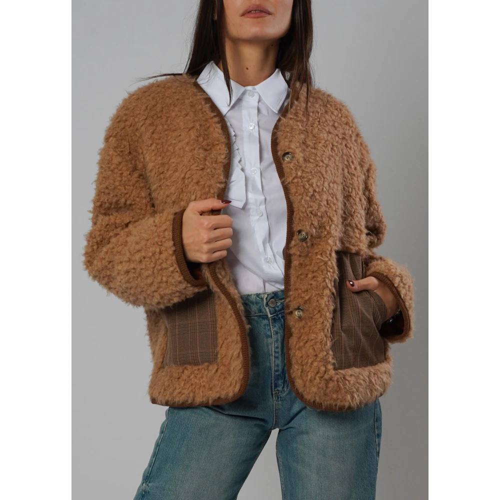 H2O Beige Faux Fur Jas met Contrastdetails Brown Dames