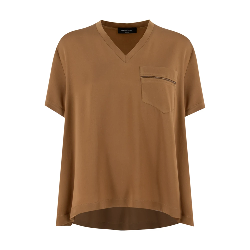 Fabiana Filippi Women's Brown V-Neck Satin Top - T-Shirts - M - Tops